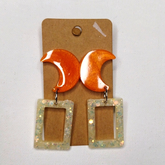 Orange Moon Sparkle White Rectangle dangle earrings silver hypoallergenic post - Picture 1 of 2